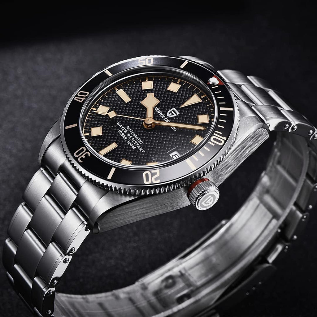 HaiQin Pagani Design 1671 V2 Classic Men's Automatic Watches Japanese NH35A Self-Winding Movement 100M Waterproof Mechanical Watch, Stainless Steel Aluminum Bezel Fashion Business Luminous Watch Date