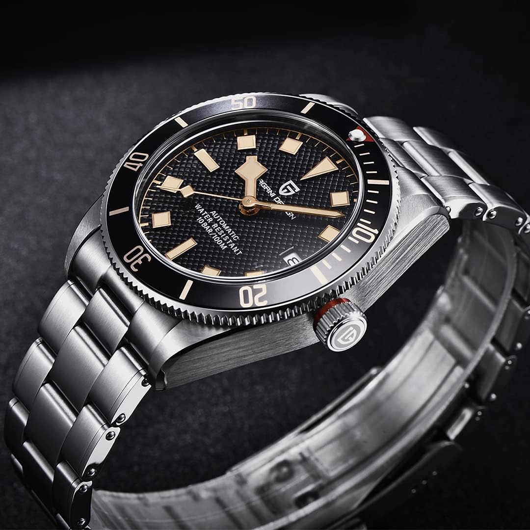 HaiQin Pagani Design 1671 V2 Classic Men's Automatic Watches Japanese NH35A Self-Winding Movement 100M Waterproof Mechanical Watch, Stainless Steel Aluminum Bezel Fashion Business Luminous Watch Date
