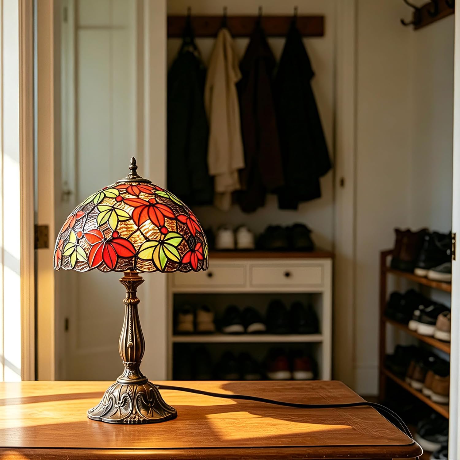 Tiffany Style Stained Glass Table Lamp, Maple Leaf Desk Light with Antique Bronze Resin Base, Multicolor Reading Lighting for Bedroom, Living Room, Office 12'X12'X19 (Maple-Purple Blue)