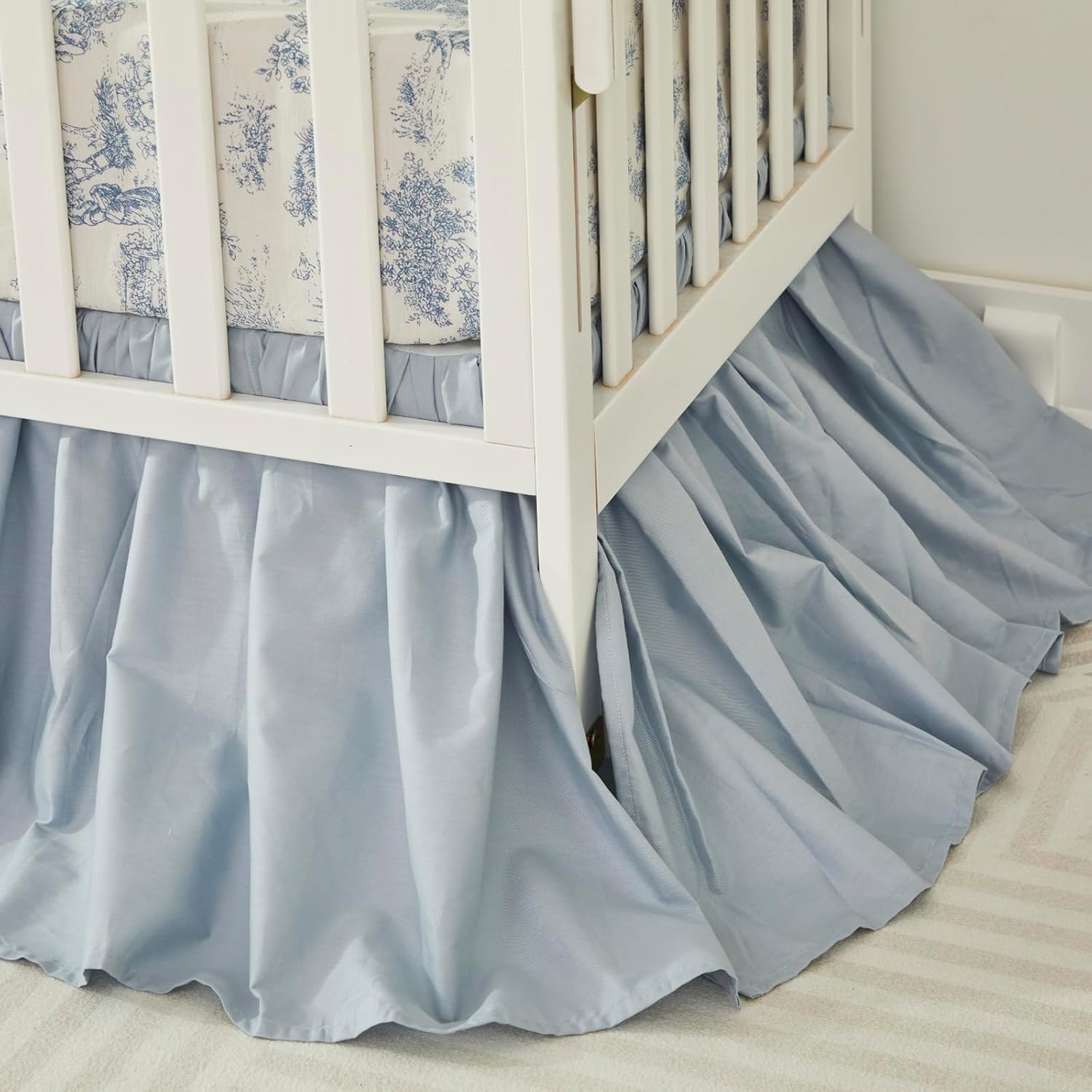 Brandream French Country Toile Crib Bedding Set for Girls Vintage Blue Toile Floral Print 100% Cotton Baby Girl Nursery Bedding Collection - Ruffles Quilt,Toile Crib Sheet,Crib Bed Skirt 3 Pieces