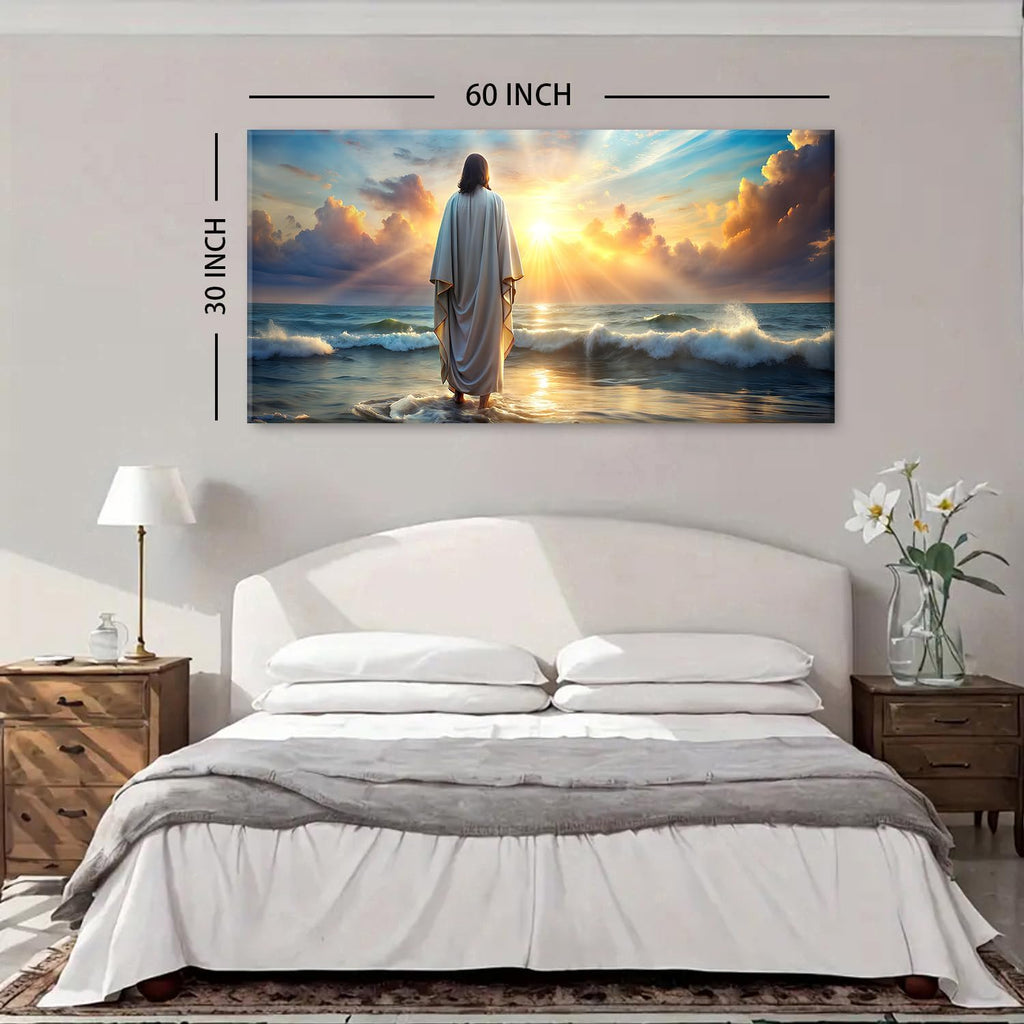Jesus Walking on Water Wall Art Inspirational Biblical Wall Decor Jesus Walking on Sunset Ocean Picture Christian Religious Painting Decor Nature Beach Poster Artwork Church Home Decorations 30x60'