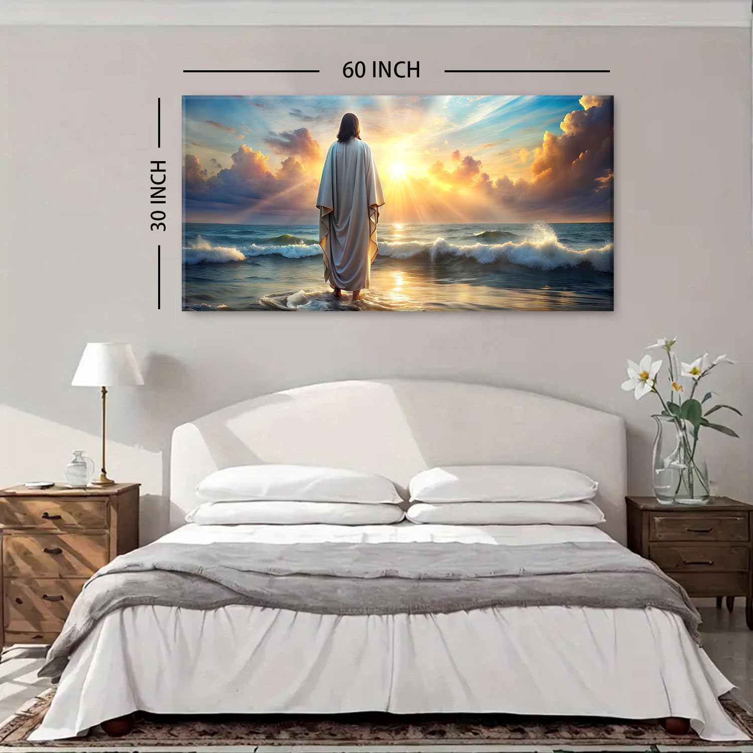 Jesus Walking on Water Wall Art Inspirational Biblical Wall Decor Jesus Walking on Sunset Ocean Picture Christian Religious Painting Decor Nature Beach Poster Artwork Church Home Decorations 30x60'