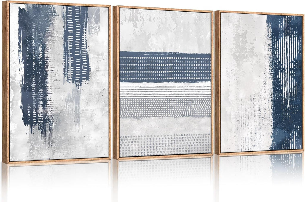 HLNIUC Navy Blue Abstract Framed Wall Art Set, Neutral Minimalist Canvas Wall Decor, Mid Century Modern Wall Painting, Grey Geometric Art Print for Living Room, Bedroom, Office - 24'x36'x3