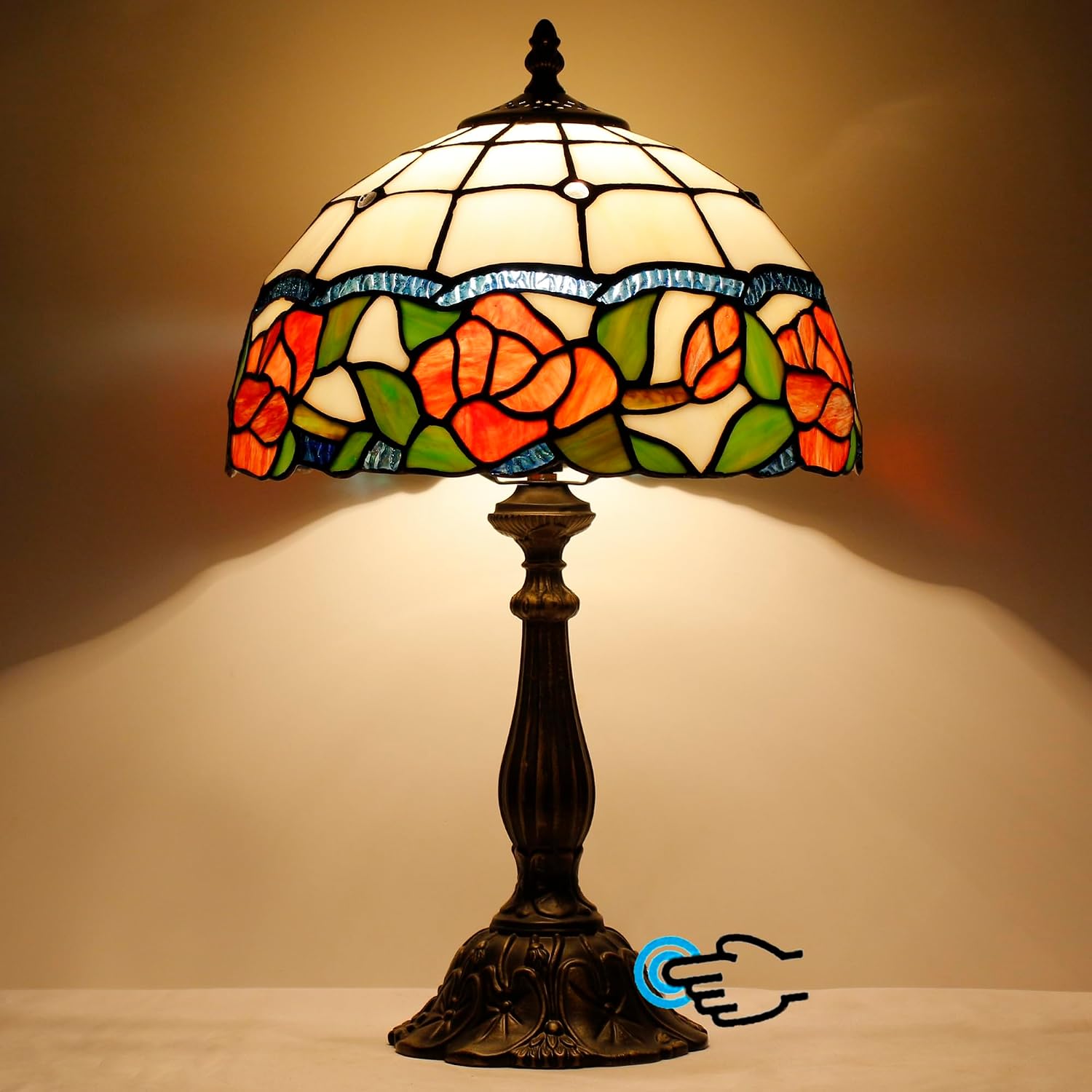 Tiffany Lamp Touch Control Table Lamp Red Rose Flower Style Stained Glass Desk Lamp 12X12X19 Inches Reading Light