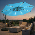 wikiwiki 10ft Solar LED Patio Umbrella with Base Included, Offset Umbrella with Weighted Sandbag Base, Cantilever Patio Umbrellas for Backyard, Garden & Deck, 32 LED Lights & Polyester Shade, Sky Blue