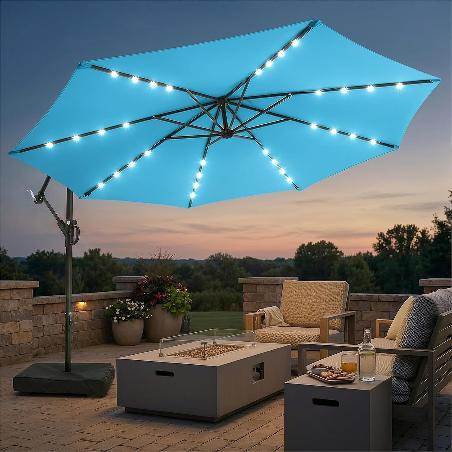 wikiwiki 10ft Solar LED Patio Umbrella with Base Included, Offset Umbrella with Weighted Sandbag Base, Cantilever Patio Umbrellas for Backyard, Garden & Deck, 32 LED Lights & Polyester Shade, Sky Blue