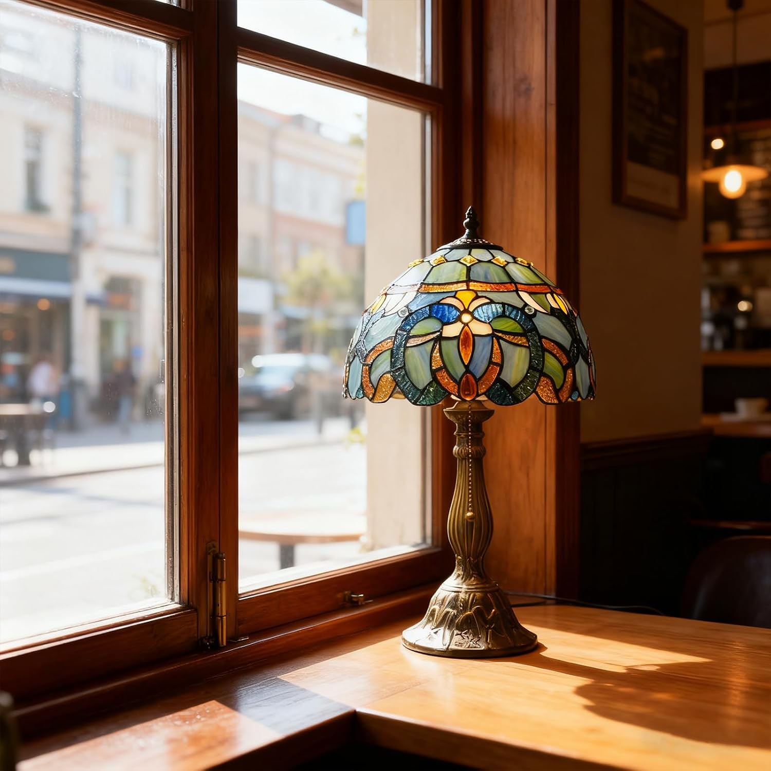 MOAN Lamp Stained Glass Table Lamp 12X12X19 Inch Bedside Reading Light Antique Bronze Base(Blue Baroque Style)