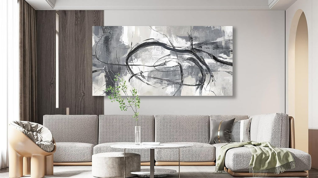 Shoci Large Abstract Wall Art - Black Gray White Canvas Picture for Living Room Modern Ink Lines Painting Print Decor Contemporary Artwork Wall Art for Bedroom Kitchen Home Office Decoration 29' X 58'