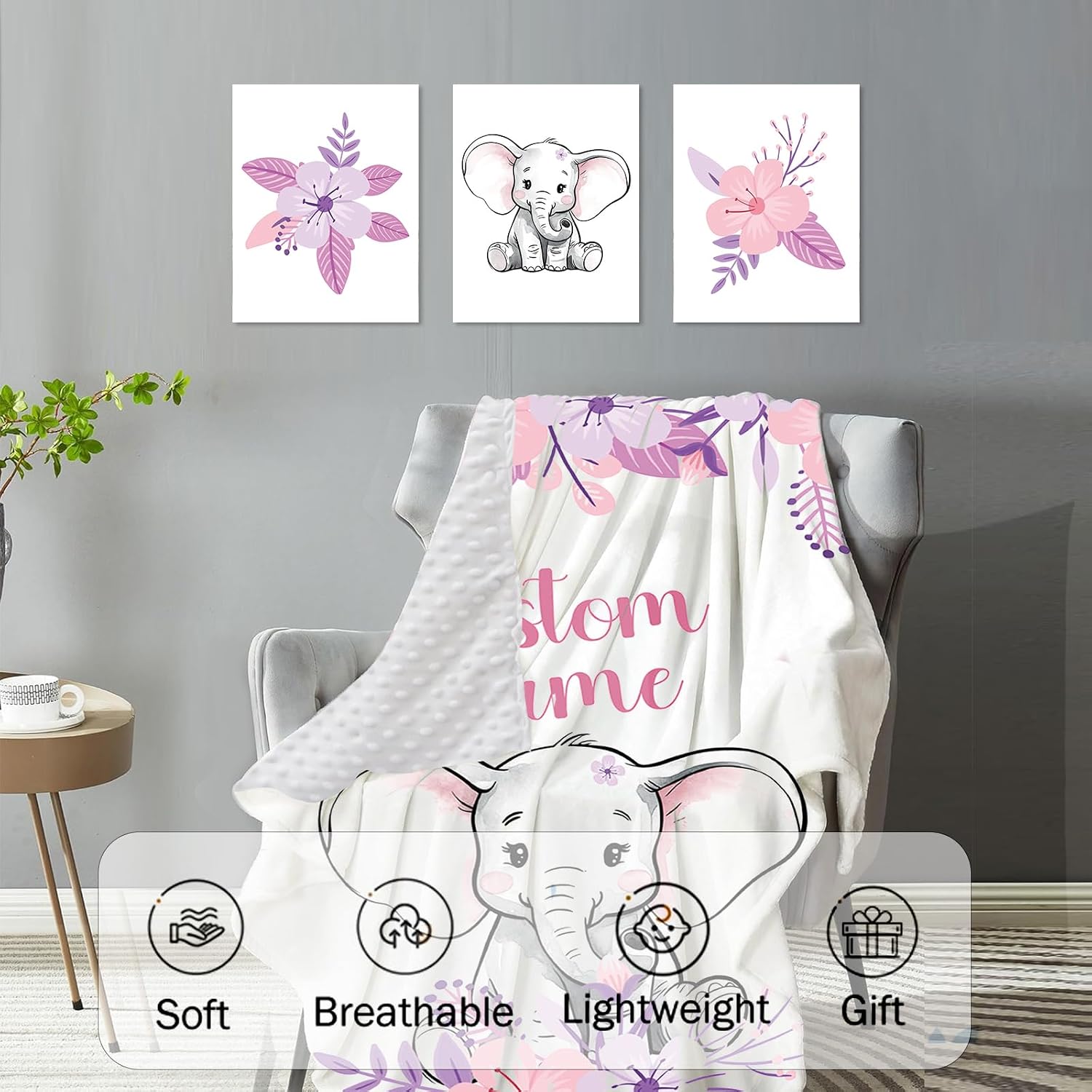 Personalized Nursery Crib Bedding Set: Custom Name Purple Flower 5 Piece Baby Crib Sets with Elephant Design - Toddler Double Layer Blanket Set, Comfortable Crib Bed Sheets for Baby Grils