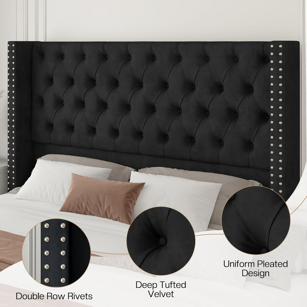 Jocisland Queen Size Velvet Upholstered Platform Bed Frame with 52' Tall Wingback Headboard, Deep Button Tufting, No Box Spring Required, Elegant Black