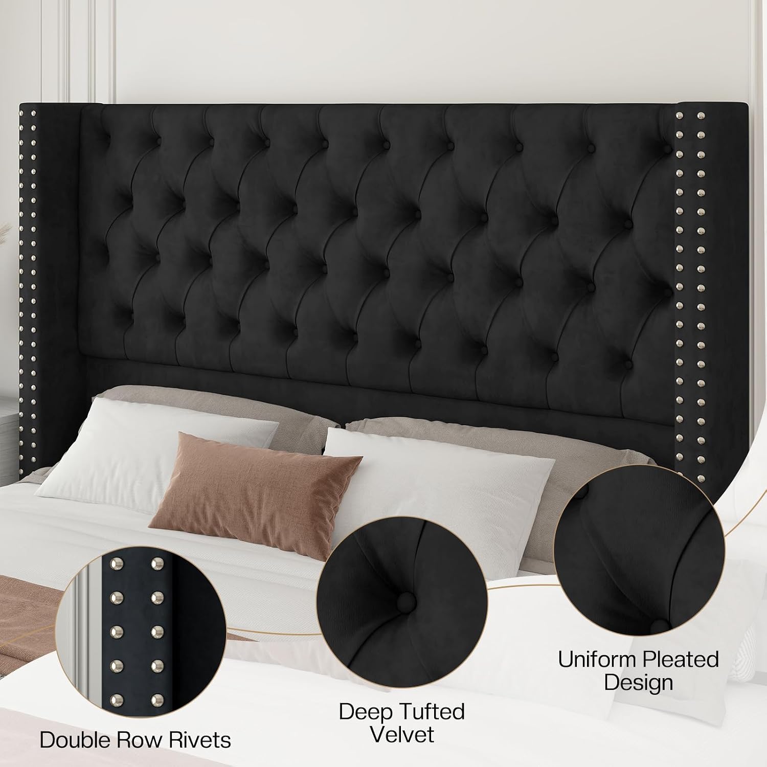 Jocisland Queen Size Velvet Upholstered Platform Bed Frame with 52' Tall Wingback Headboard, Deep Button Tufting, No Box Spring Required, Elegant Black