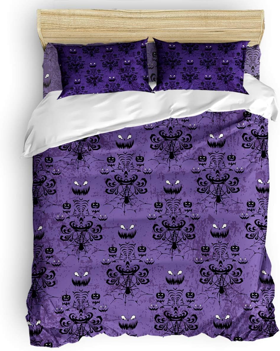 Prime Leader California King 4 PCS Bedding Duvet Cover Set Halloween Haunted Ghost House Mansion Spider Soft Cozy All Season Bed Sheet Set, 1 Duvet Cover 1 Sheet and 2 Pillowcases (No Comforter)