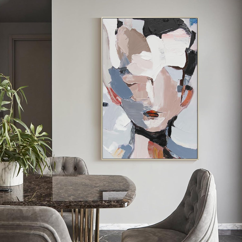 GeekMacro Abstract Face Textured Painting Hand Painted Colorful Wall Art for Living Room Large Framed Modern Canvas Artwork 45x30 Vertical Wall Decor