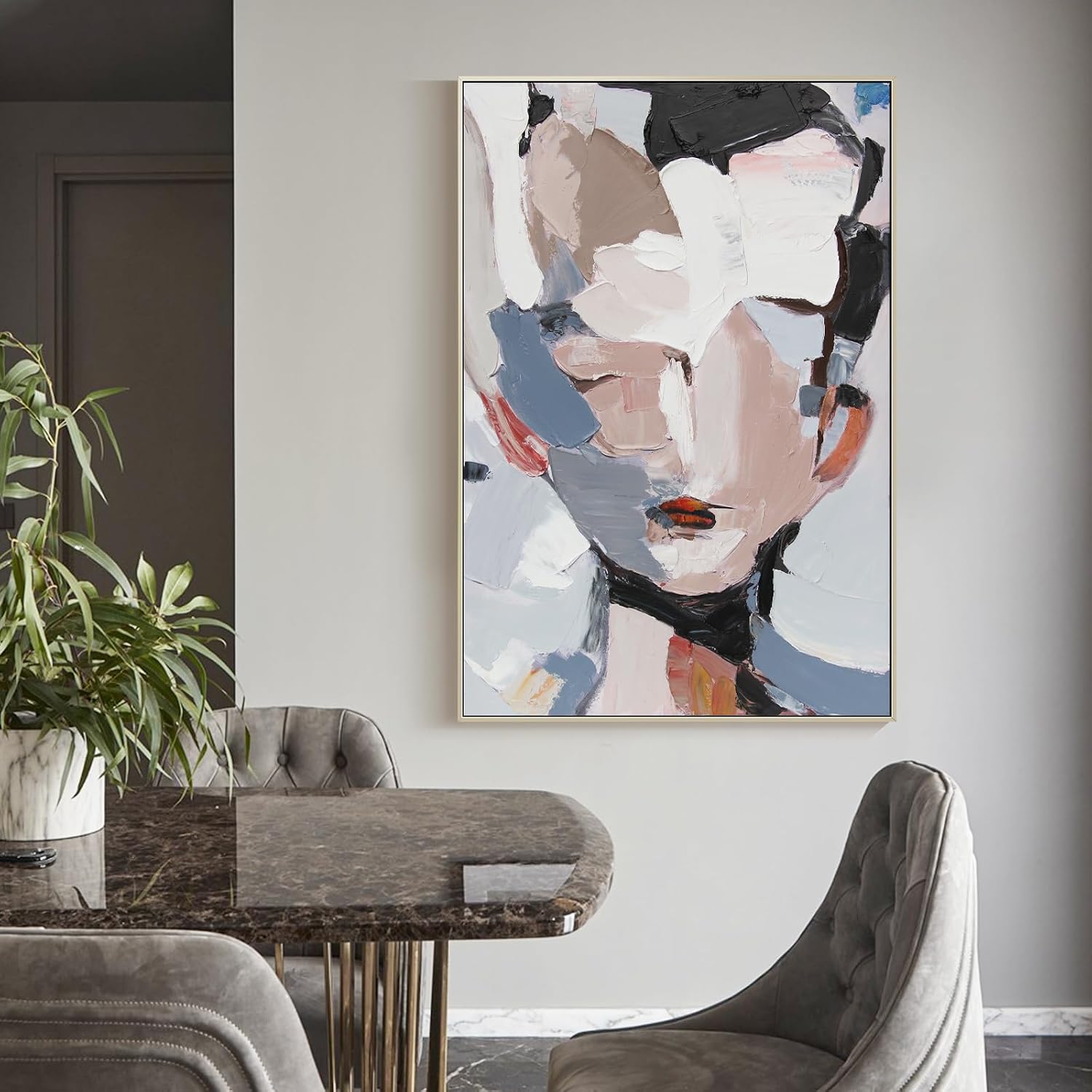 GeekMacro Abstract Face Textured Painting Hand Painted Colorful Wall Art for Living Room Large Framed Modern Canvas Artwork 45x30 Vertical Wall Decor