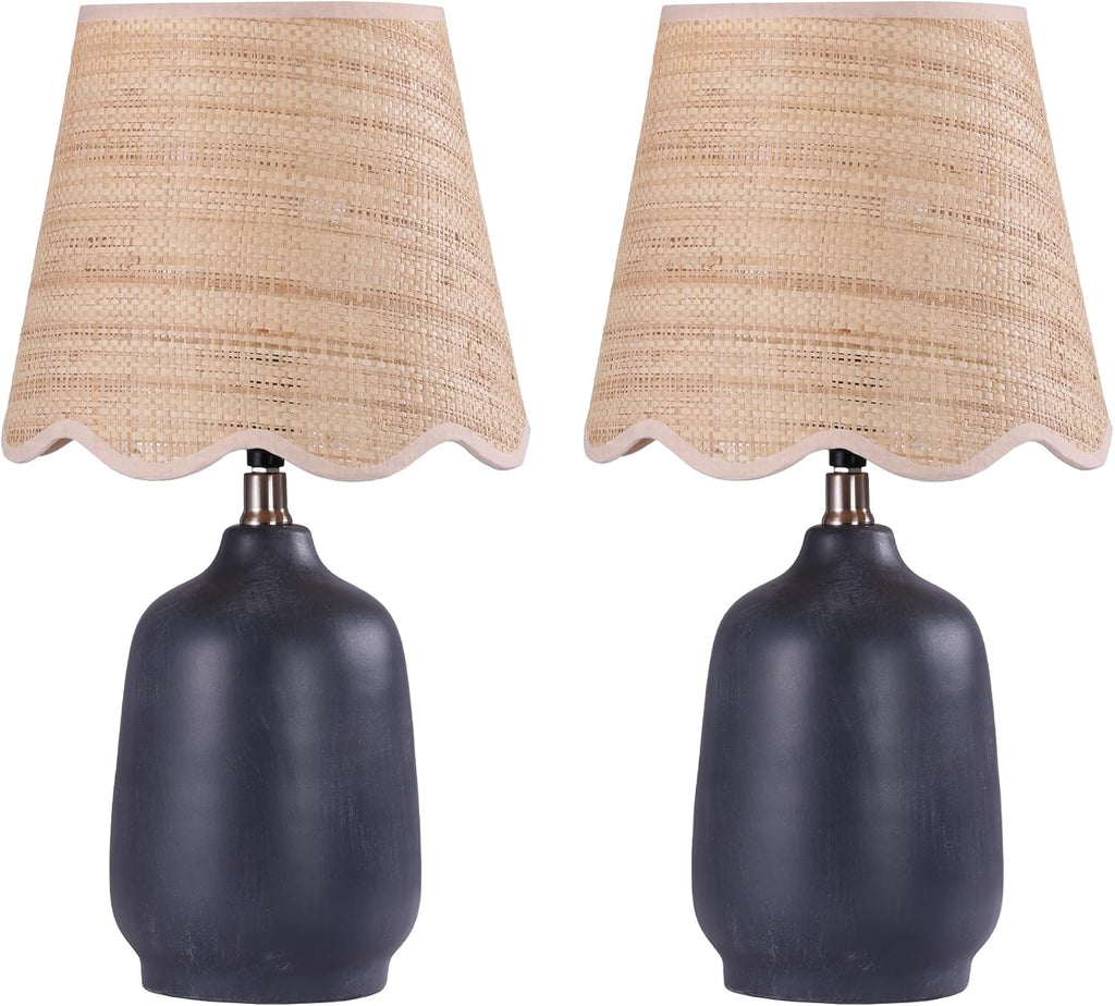 19' Boho Ceramic Table Lamp Set of 2, Handmade Ceramic Base with Rattan Shade, Farmhouse Plug-in Bedside Nightstand Lamps for Bedroom, Living Room, E26 Socket, Black