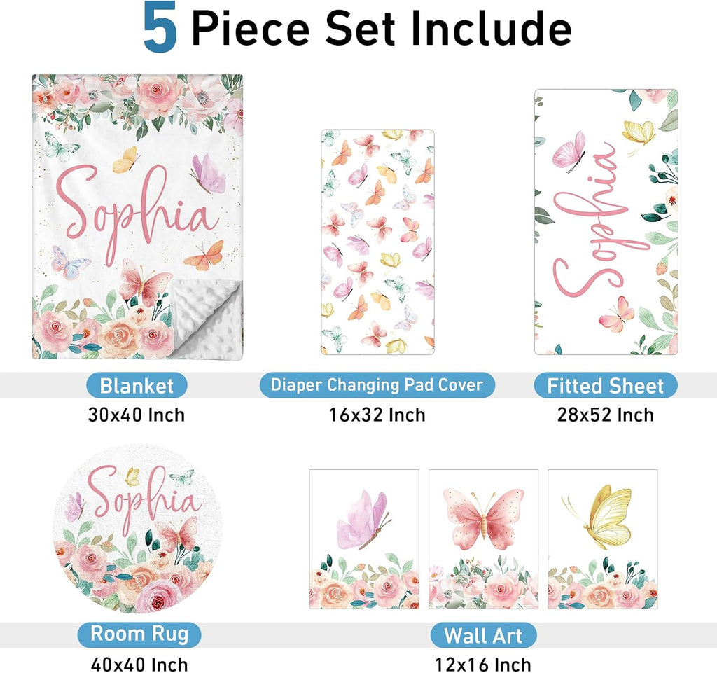 Dyoart Personalized Baby Bedding Set - 5 Piece Custom Baby Crib Set with Name, Double Layer Crib Bedding Set for Boys Girls, Pink Butterfly Nursery Bedding Set, Gift for New Parents Toddler Infant