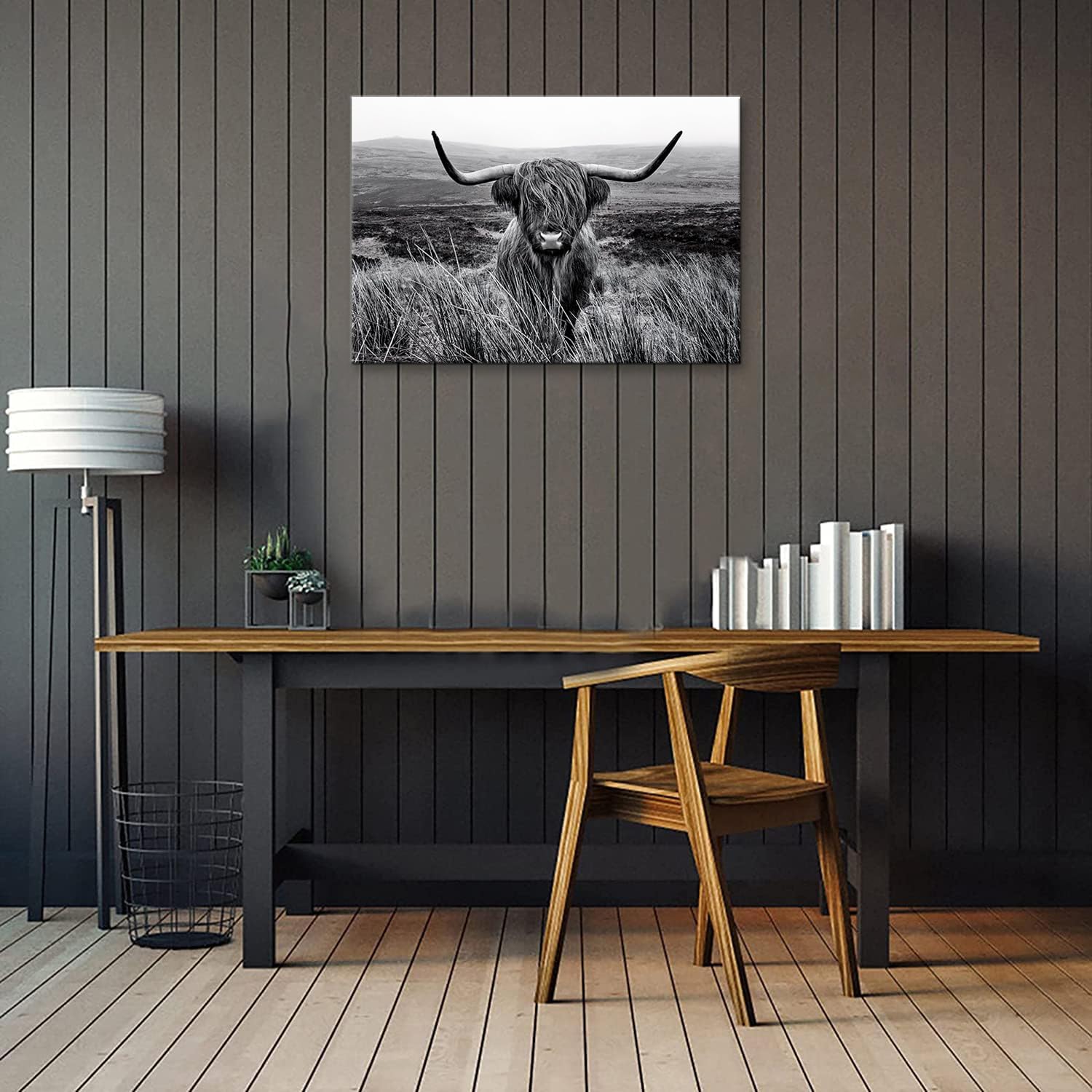 Highland Cow Wall Art Canvas Black and White Artwork Canvas Picture Highland Cow Prints Paintings Wall Decor Framed for Living Room Bathroom (28x44 inch)