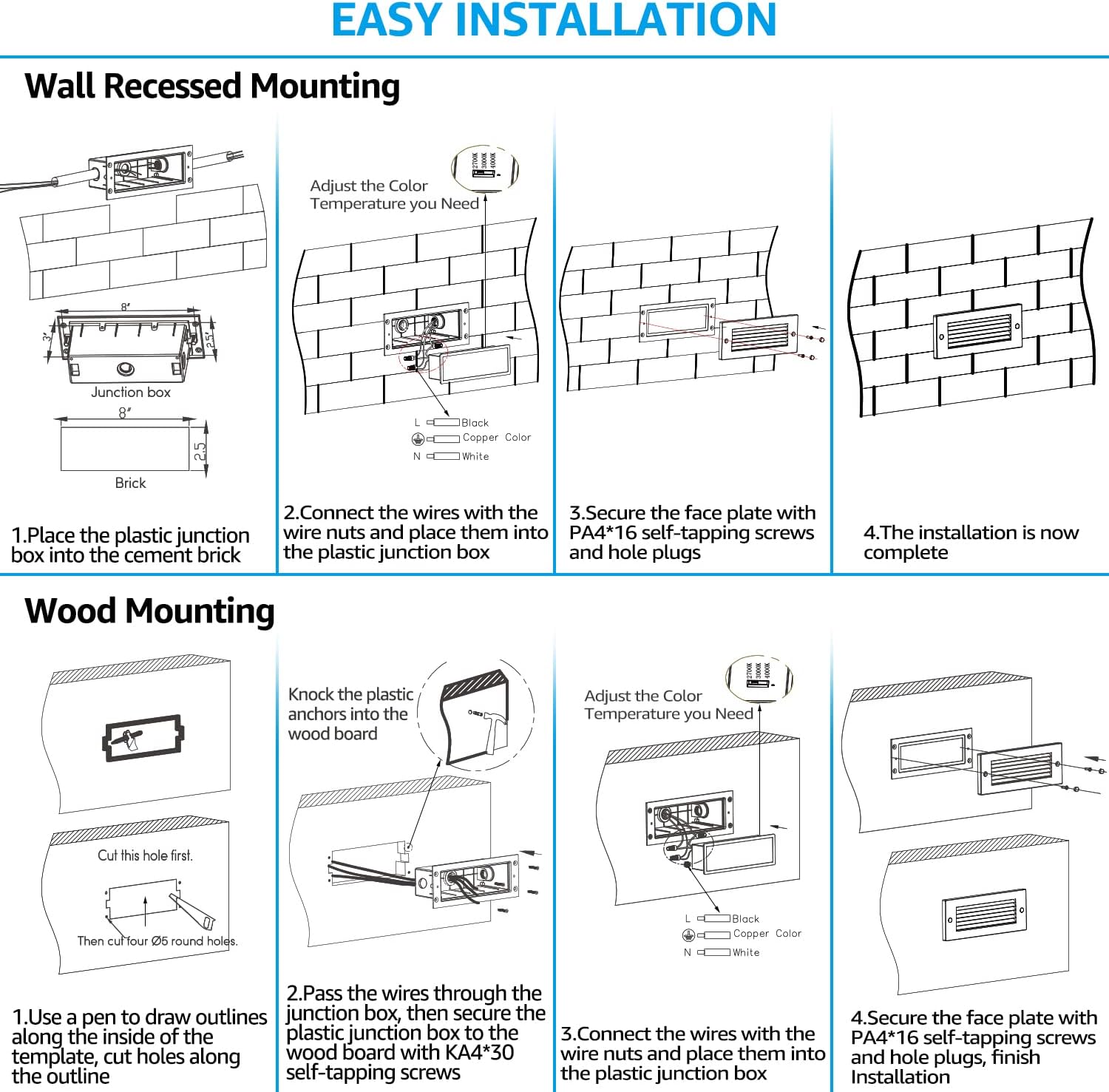 LEONLITE Update 5CCT LED Step Lights 120-277V, Dimmable 4.5W 300LM Anti-Glare LED Deck Steps Stair Lights Outdoor, 1800K2700K3000K4000K5000K, CRI 90, ETL, IP65 Waterproof, Oil Rubbed Bronze, Pack of 3