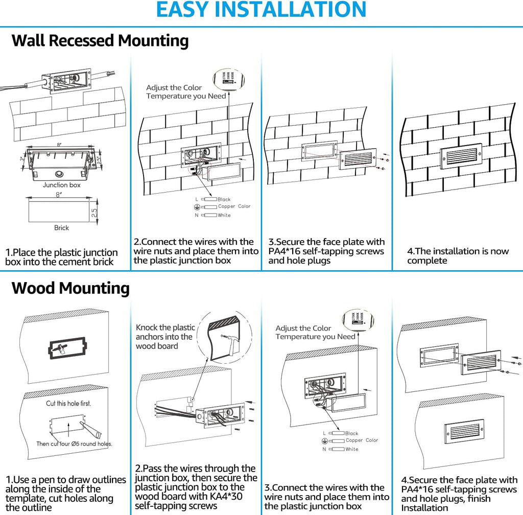 LEONLITE Update 5CCT LED Step Lights 120-277V, Dimmable 4.5W 300LM Anti-Glare LED Deck Steps Stair Lights Outdoor, 1800K2700K3000K4000K5000K, CRI 90, ETL, IP65 Waterproof, Satin Nickel, Pack of 3