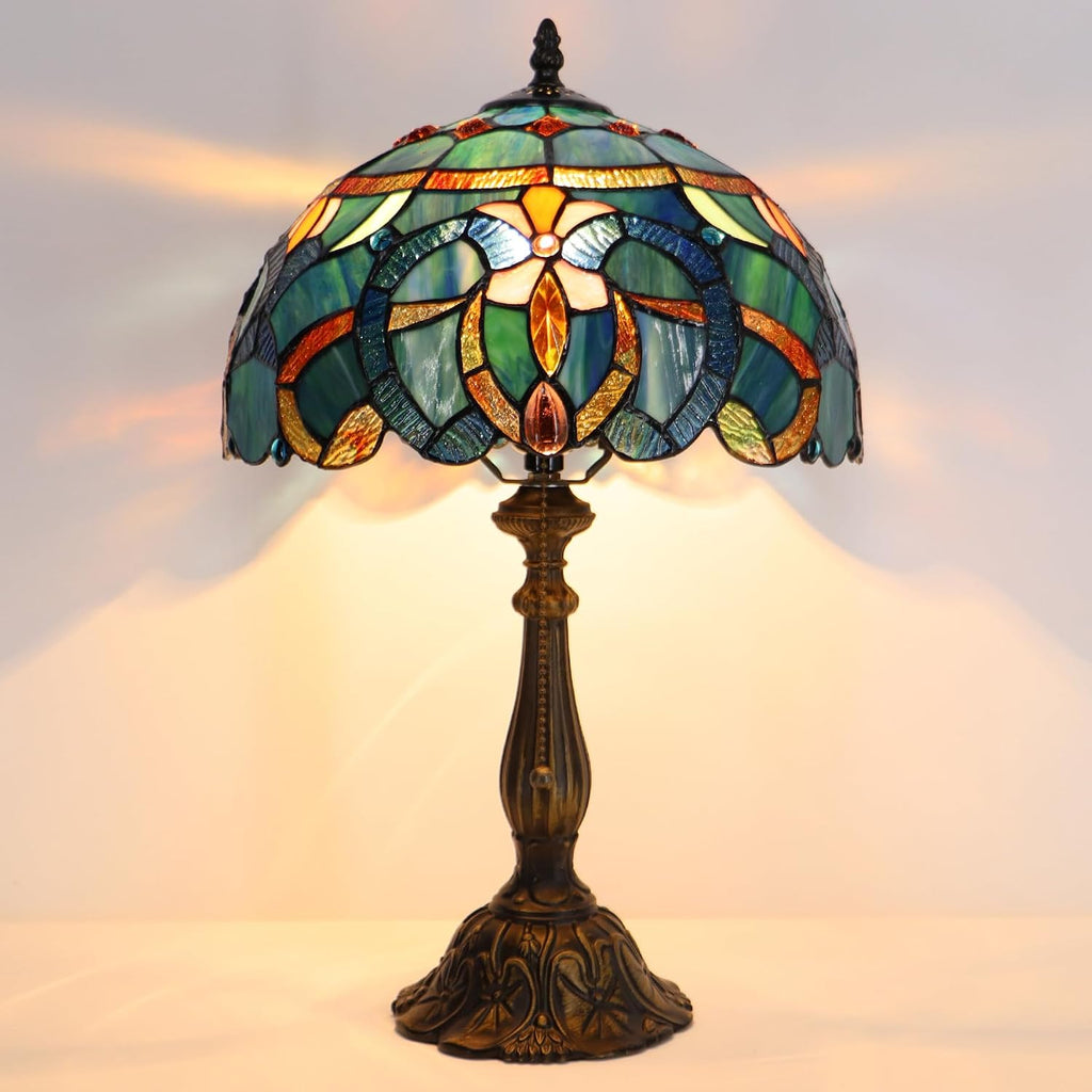 Tiffany Lamp Table Lamp Bedside Reading Light W12H19 Inches (Blue Baroque Style)