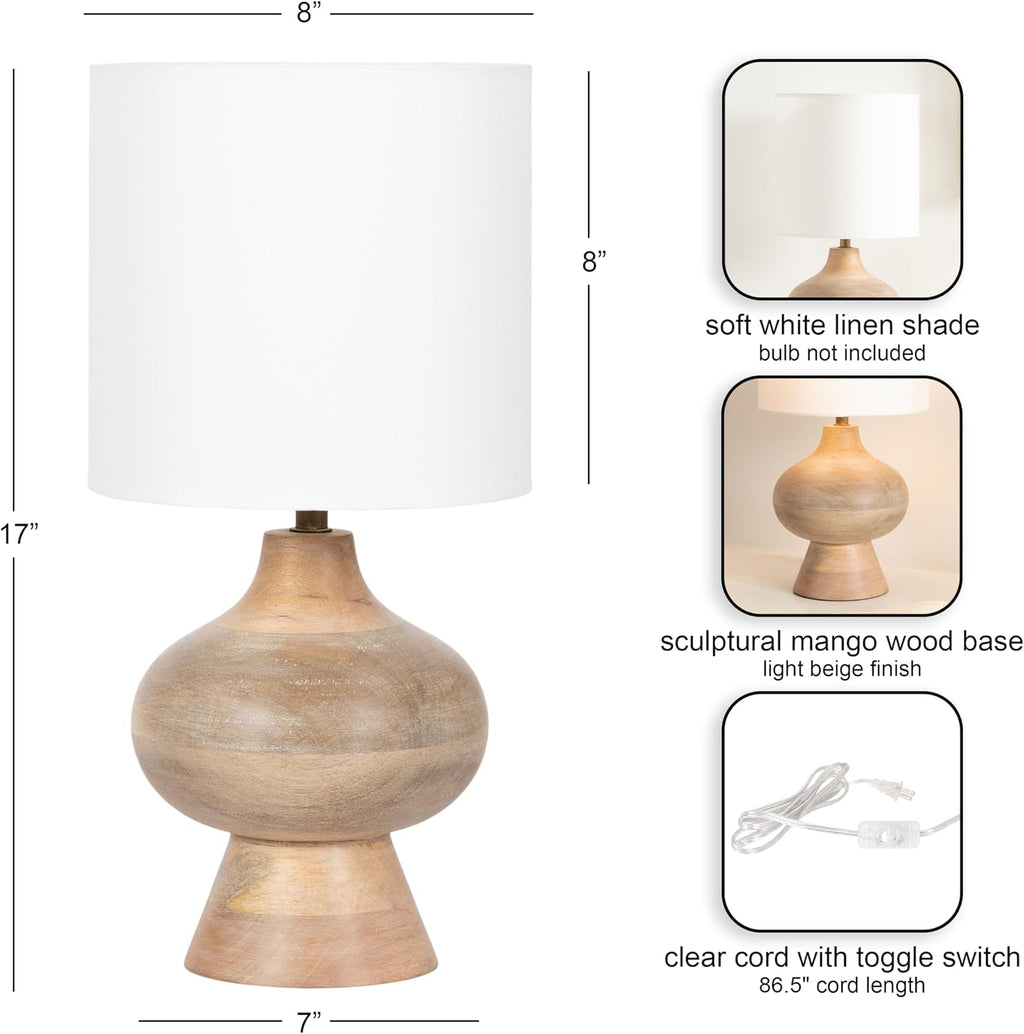 Kate and Laurel Bahira Modern Wood Bedside Table Lamp, 8 x 8 x 17, Light Natural, Sculptural Decorative Mango Wood Tabletop Desk Lamp with Linen Shade for Living Room Decor