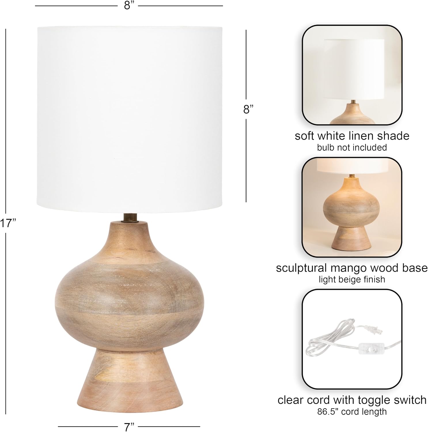 Kate and Laurel Bahira Modern Wood Bedside Table Lamp, 8 x 8 x 17, Light Natural, Sculptural Decorative Mango Wood Tabletop Desk Lamp with Linen Shade for Living Room Decor