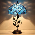 Tiffany Table Lamp, Stained Glass Style Desk Lamp, 12X12X19 Inch,Bedside Reading Light, Metal Leaf Base（Blue Beads Style