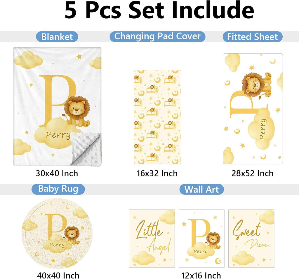 KAINSY Custom Crib Bedding Set, 5 Pcs Personalized Name Monogram Baby Crib Sets for Infants Toddlers, Yellow Lion Nursery Bedding Set for Boys Girls, Double Layer Baby Bedding Sets Customized Gifts