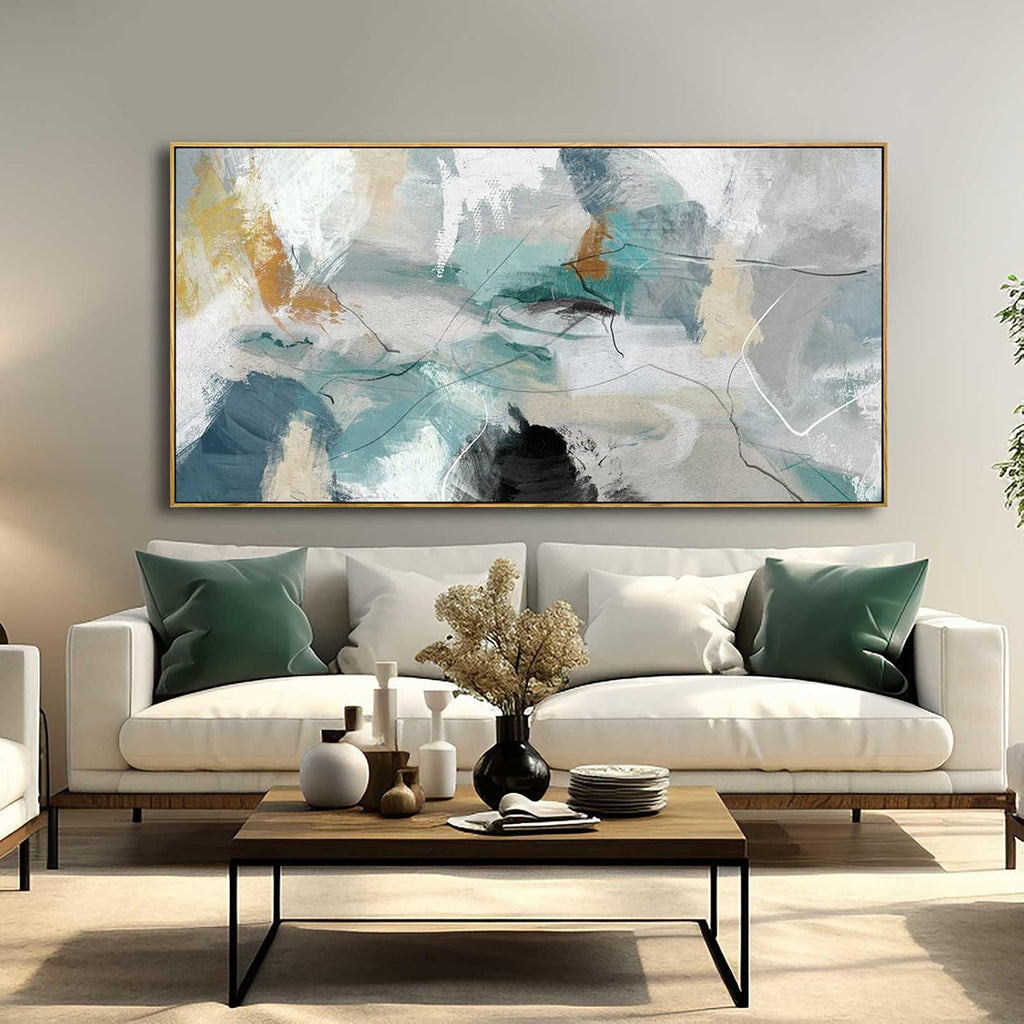 Wall Art Living Room Decorations 24'x48' Teal Wall Art Abstract Paintings Modern Framed Art Room Decor for Bedroom Kitchen Office