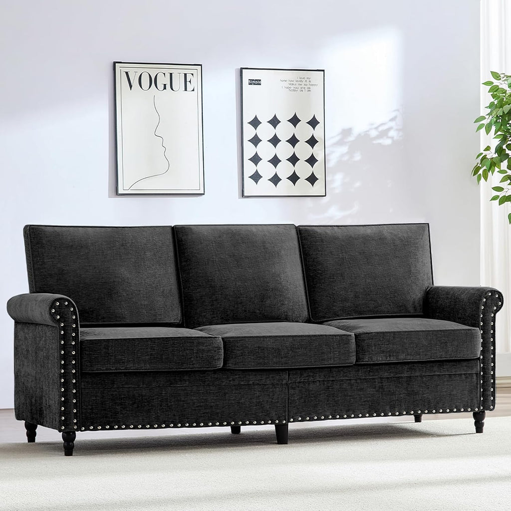 Mjkone 76' Chenille Sofa Couch, 3-Seater Living Room Sofa with Wood Frame, Gourd Shape Wood Legs, 6.7' Thickened Soft Cushion, Rivet Design, Mid Century Modern Couch for Small Spaces, Apartment, Black