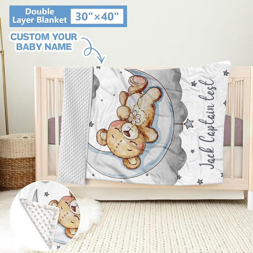 KAINSY Personalized Crib Set, 5 Pcs Custom Baby Bedding with Name, Double Layer Nursery Bedding for Boy Girl, Soft Moon Bear Bedding Set, Gifts for Toddler, Infant, New Parents