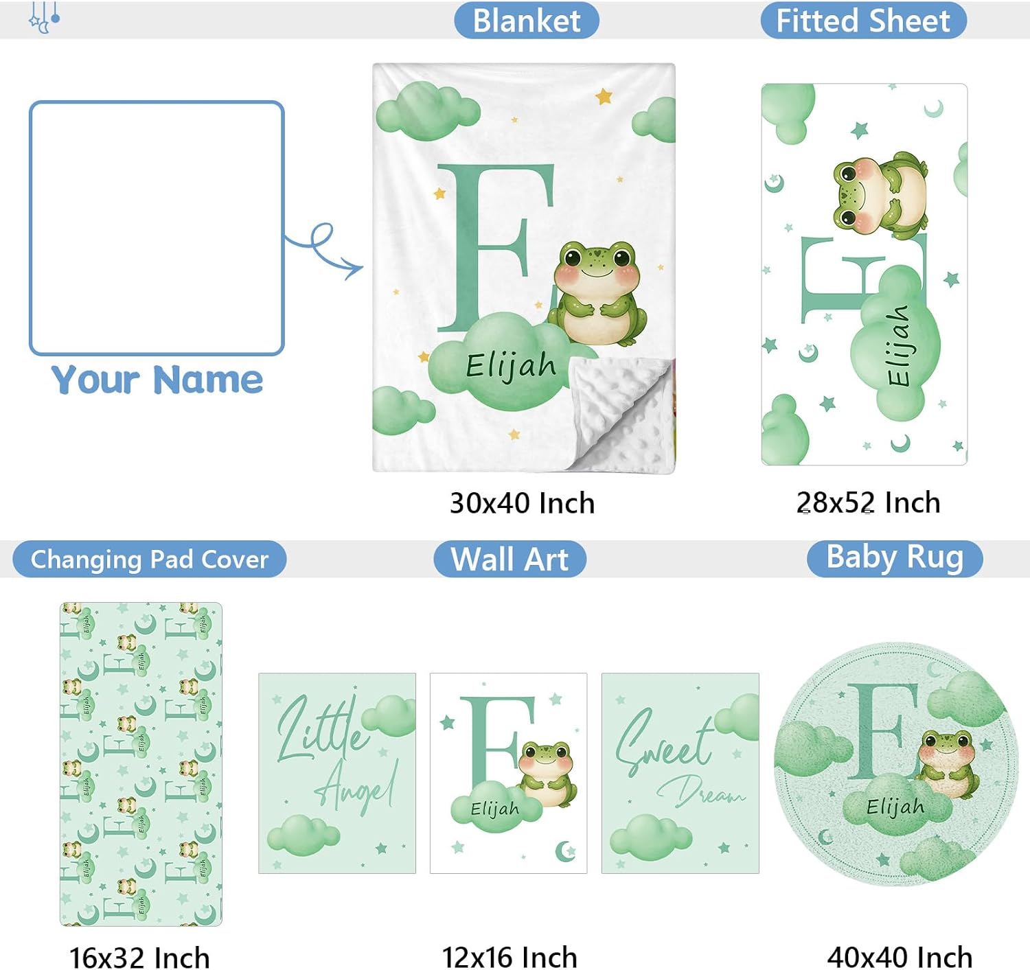 KAINSY Custom Crib Bedding Set, 5 Pcs Personalized Name Monogram Baby Crib Sets for Infants Toddlers, Green Frog Nursery Bedding Set for Boys Girls, Double Layer Baby Bedding Sets Customized Gifts