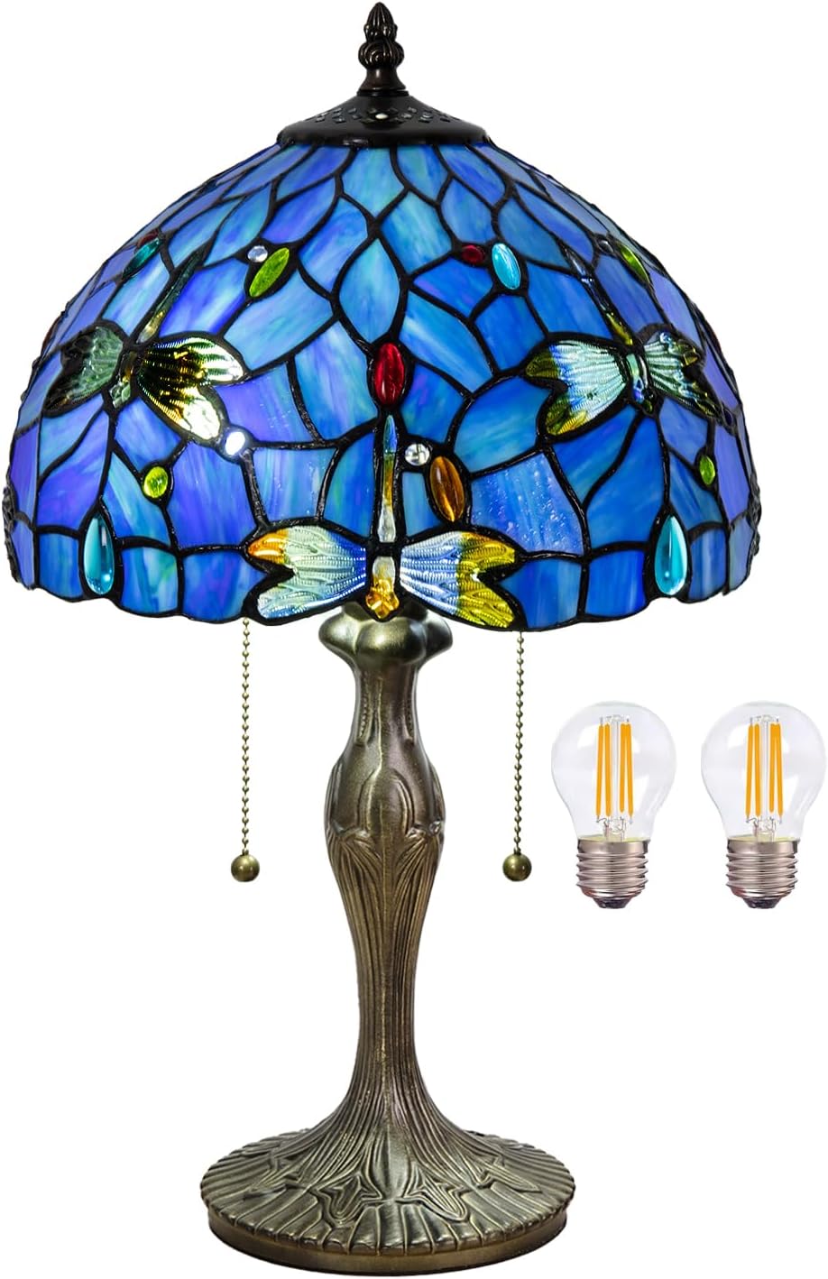 Tiffany Table Lamp, 3 Color-Temperature Dragonfly Stained Glass Lamp,12 Inch Tiffany Style Lamp for Bedroom Living Room Home, Handcrafted Light, Included Bulb (Blue)