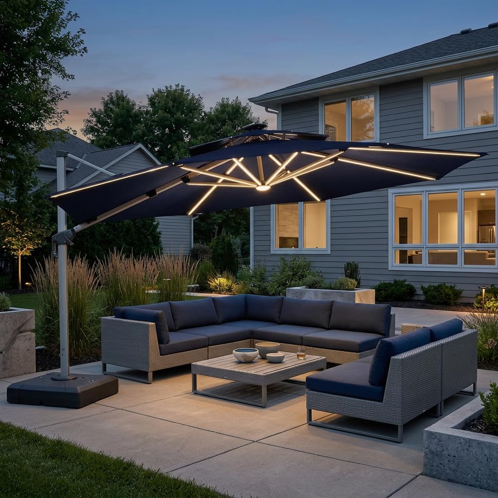 PURPLE LEAF 13ft Patio Umbrella with Lights Outdoor Round Large Cantilever Umbrella Solar Powered LED Windproof Offset Umbrella Heavy Duty for Garden Deck Pool Patio, Navy Blue