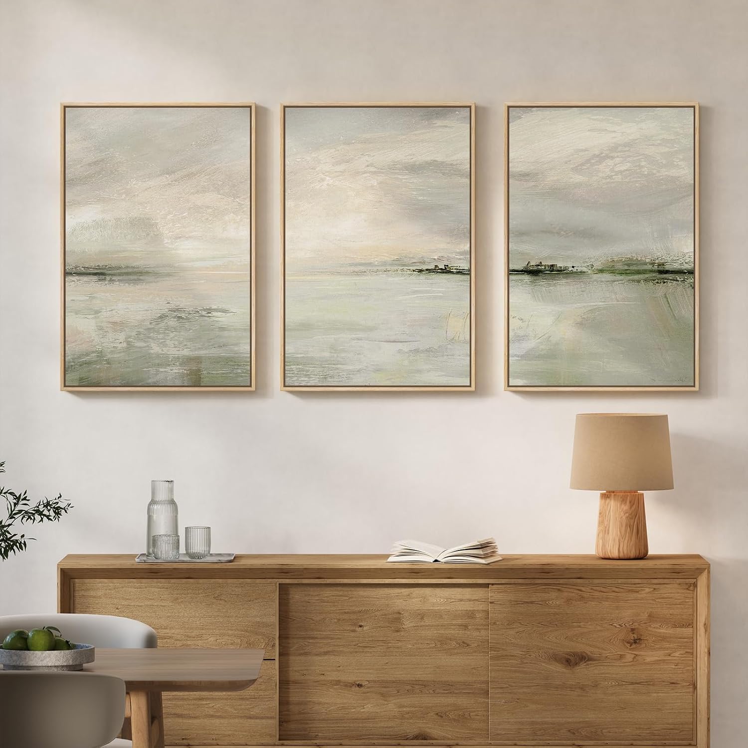 Large Framed Sage Green Abstract Landscape Wall Art, 3 Piece Modern Canvas Prints Paintings Artwork for Walls, Minimalist Nature Pictures for Living Room Dining Room Hallway Wall Decor, 20x30 In