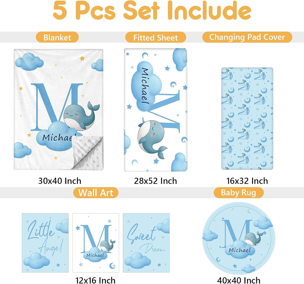 Terwex Personalized Crib Bedding Set, 5 Pcs Custom Nursery Bedding Sets with Name, Infant Bedding Set for Baby Boys Girls, Blue Dolphin Double Layer Baby Crib Set, Babies Toddlers Kids Customized Gift