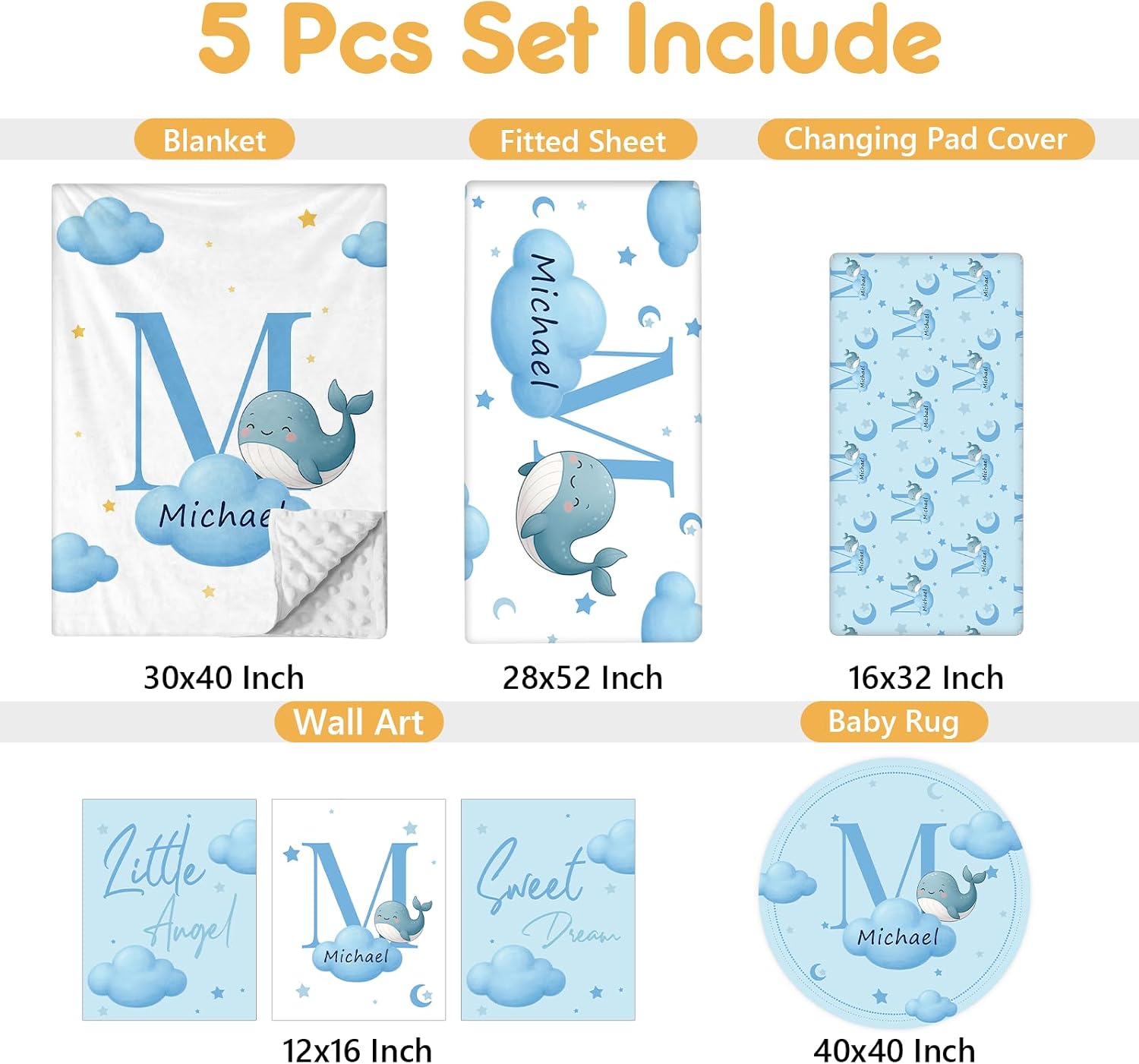Terwex Personalized Crib Bedding Set, 5 Pcs Custom Nursery Bedding Sets with Name, Infant Bedding Set for Baby Boys Girls, Blue Dolphin Double Layer Baby Crib Set, Babies Toddlers Kids Customized Gift