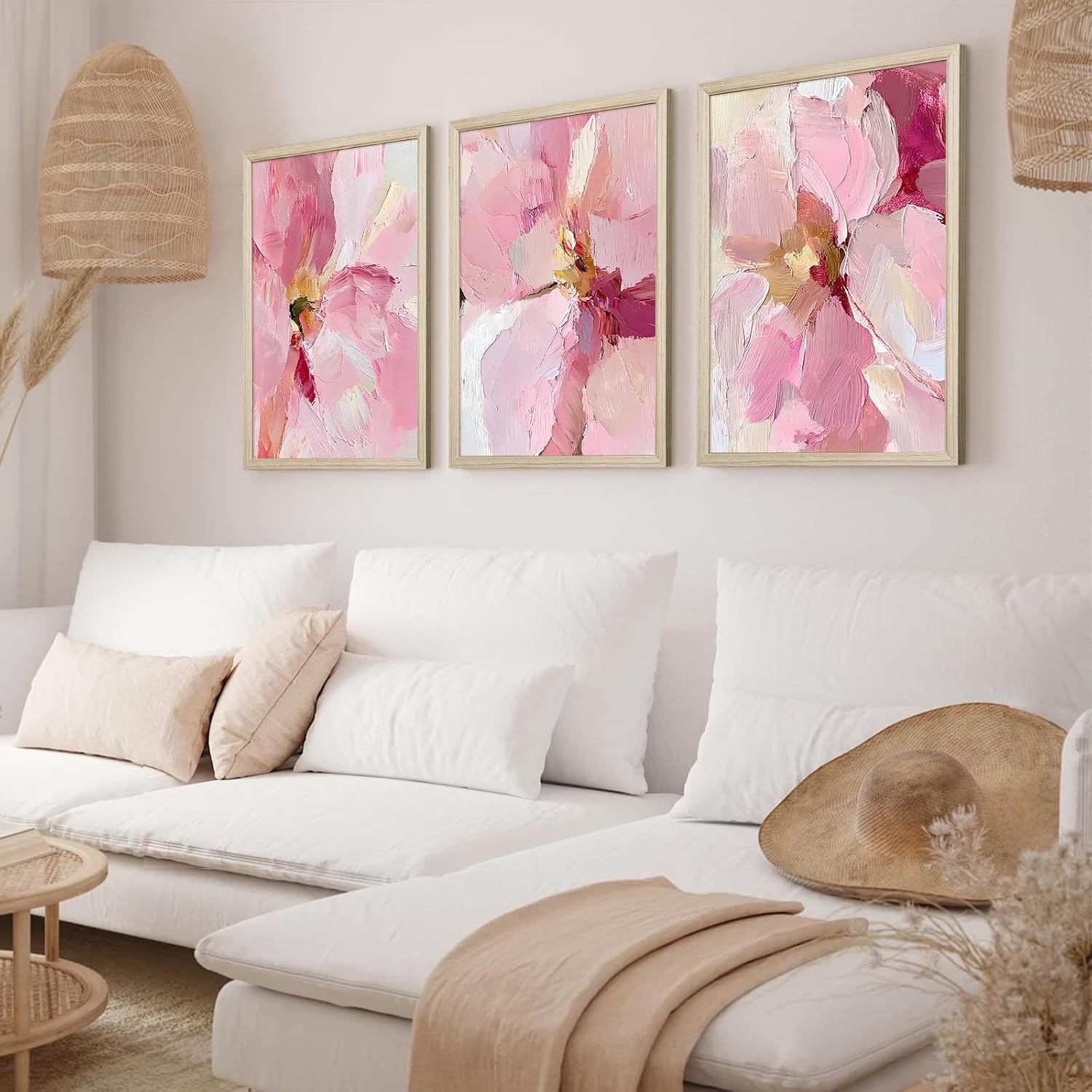 Abstract Floral Wall Art Pink Flower Canvas Pictures Modern Wall Decor Blush Pastel Pink Prints Peony Painting Minimalist Poster Botanical Artwork for Bedroom Living Room 24x36x3 Inch Wood Framed