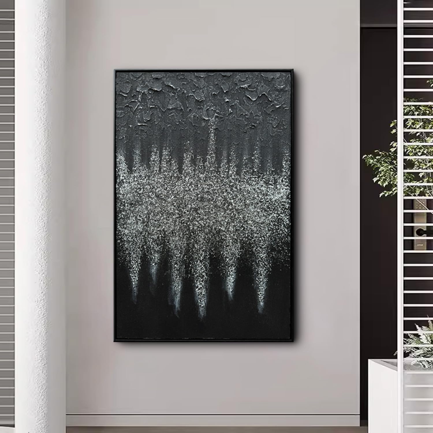 Framed Black Abstract Modern Oil Paintings, Glass Crystal Textured Wall Art, Vertical Contemporary Art, Glittery Crystal Artwork