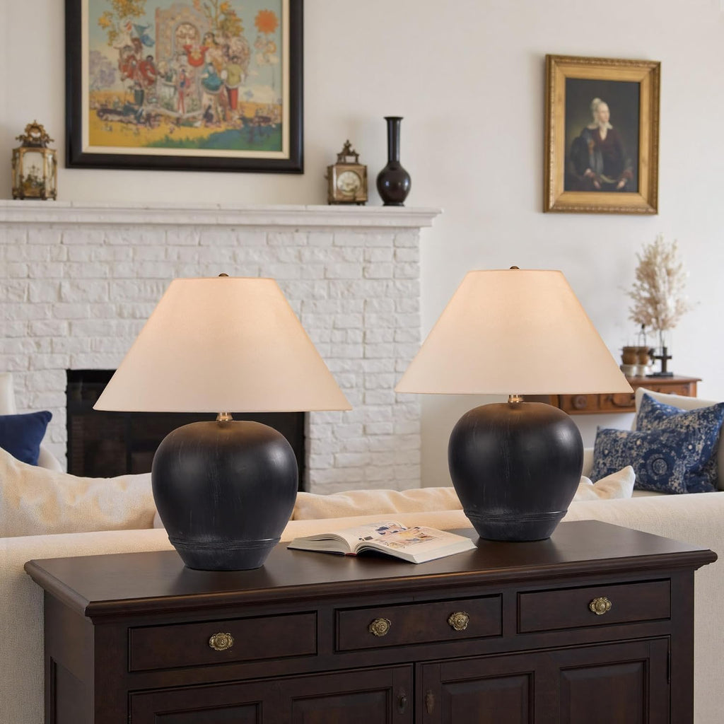 Farmhouse Ceramic Table Lamp, 18' Rustic Table Lamp with Linen Shade, ‎Bedside Nightstand Lamps for Bedroom, Living Room, E26 Socket, Black
