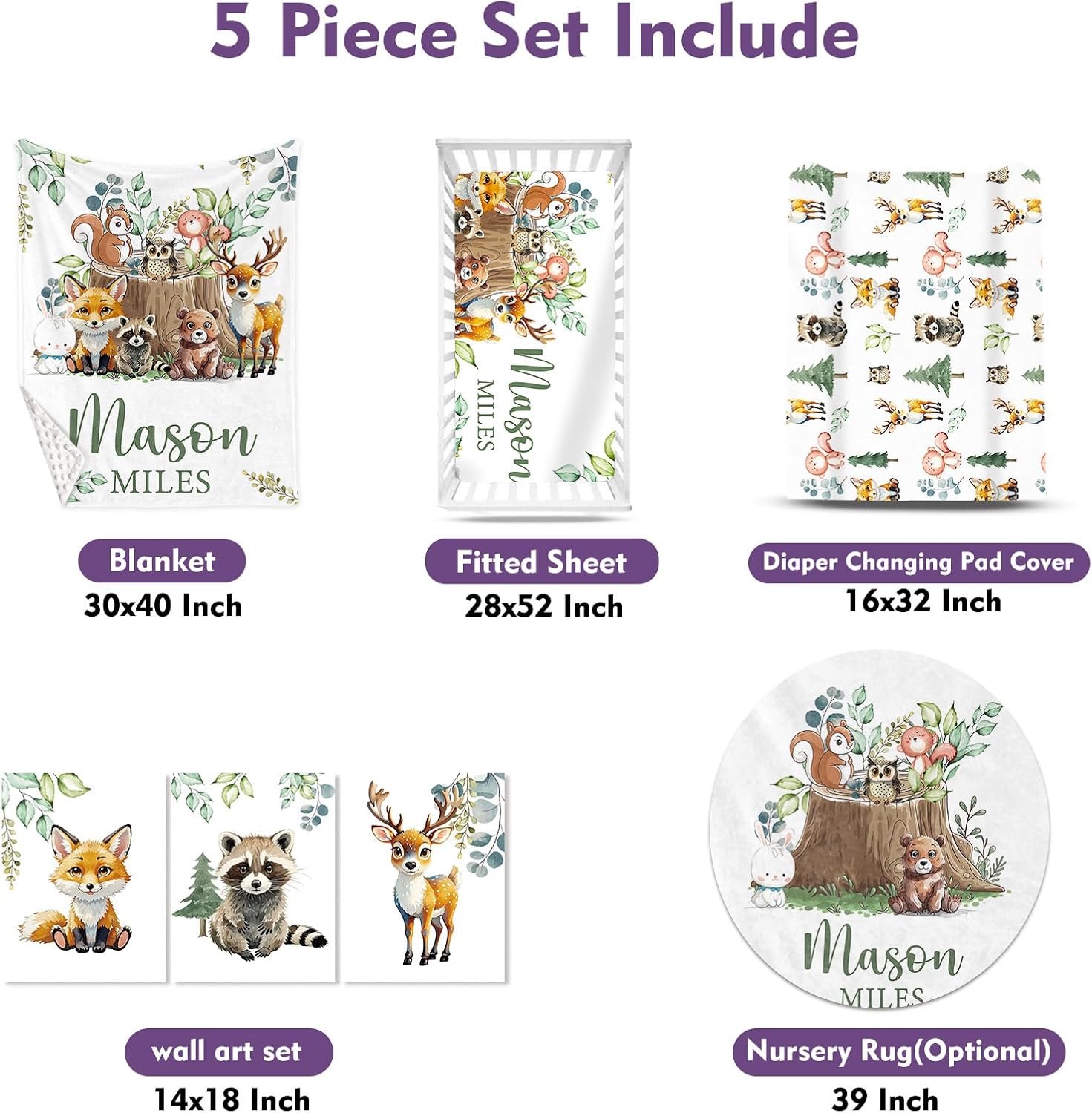 TOOTANN Custom Baby Crib Bedding Set, 5 Pcs Personalized Name Baby Crib Sheets for Kid Toddler Infant, Forest Animals and Tree Stumps Nursery Bedding Set