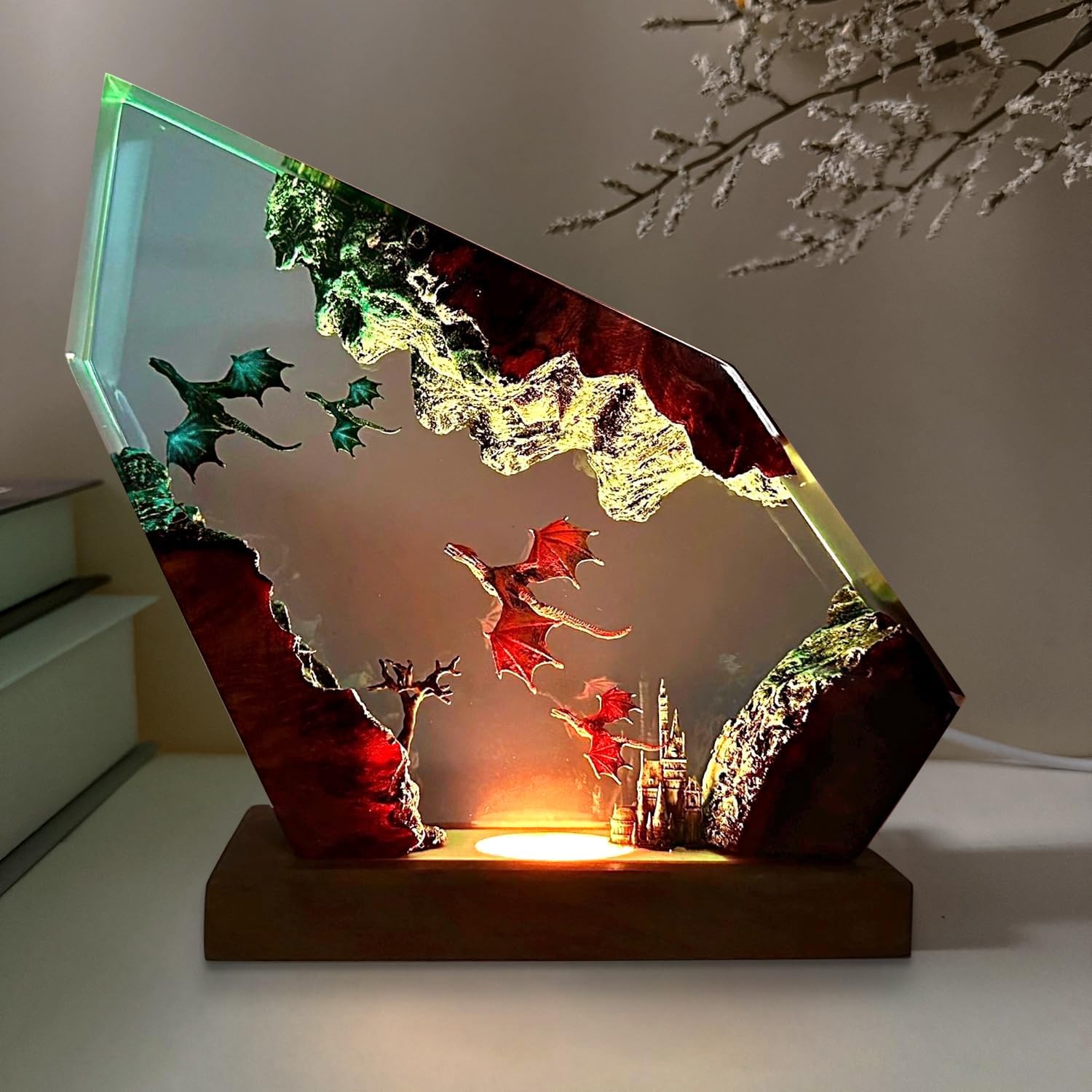 Resin Dragon Lamp,RGB Table Night Light with Wood Base, Handmade Resin Art Piece Brithday Valentine's Gifts for Women & Men,Dragon Gifts for Dungeons,Gamer (M,8'x5')