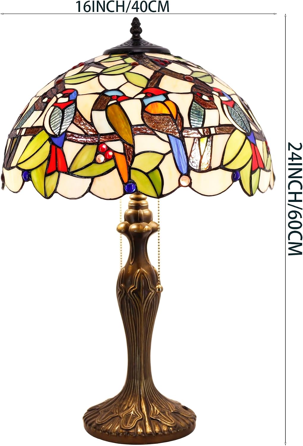 WERFACTORY Tiffany Table Lamp Colorful Stained Glass Birds Bedside Lamp 16X16X24 Inches Desk Reading Light Metal Base Decor Bedroom Living Room Home Office S805 Series