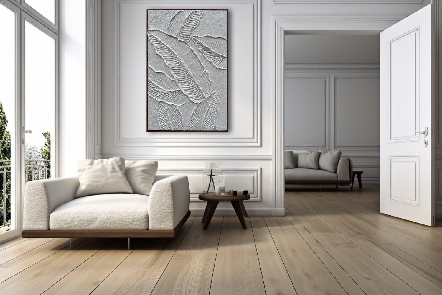 Slyart White Textured Wall Art, Hand Painted Canvas Abstract Wall Art Framed, 3D Minimalist White Leaf Plant Painting 24'x36'
