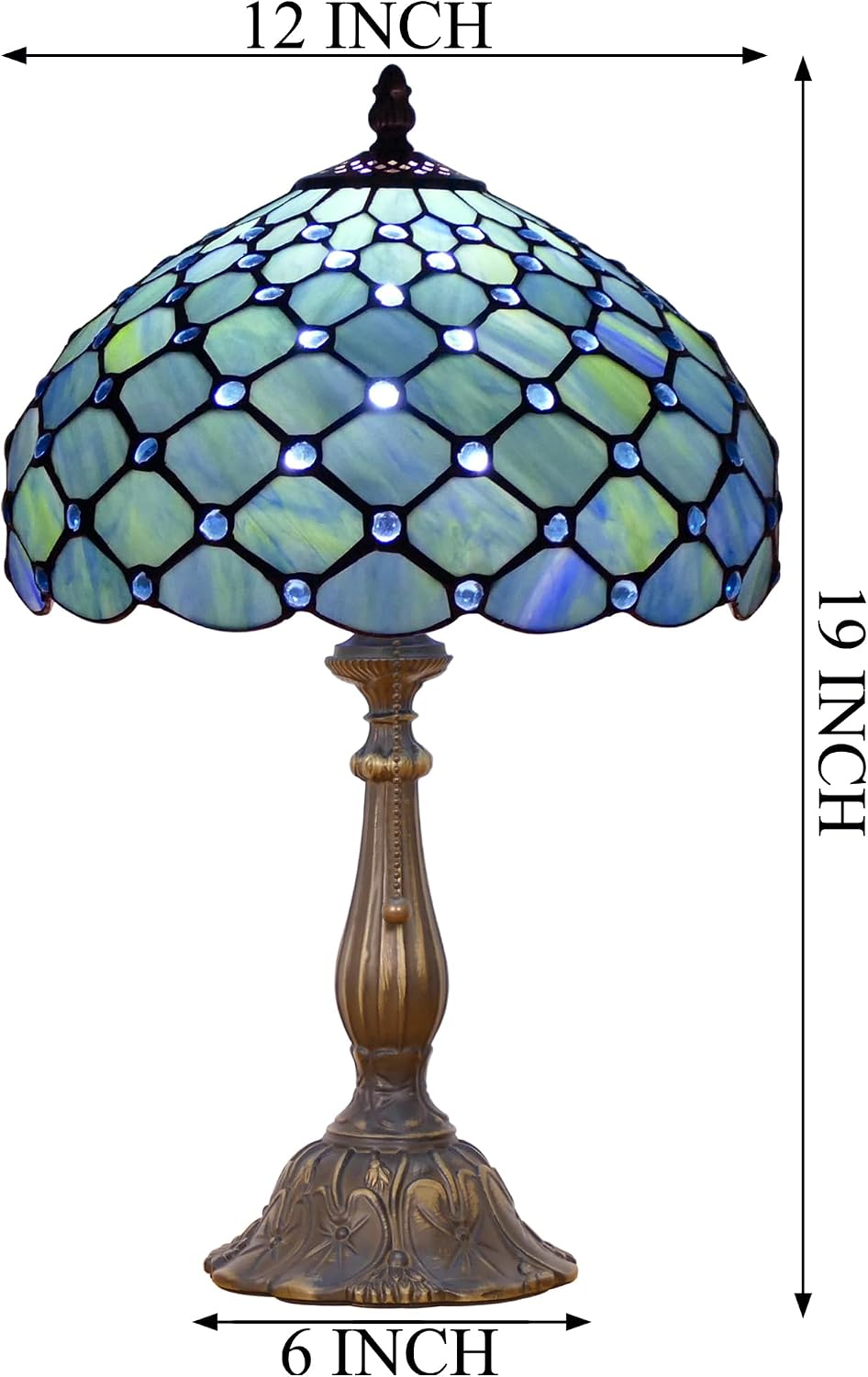 Tiffany Lamp Stained Glass Table Lamp Antique Bedside Reading Light W12H19 Inches (Sea Blue Pearl)