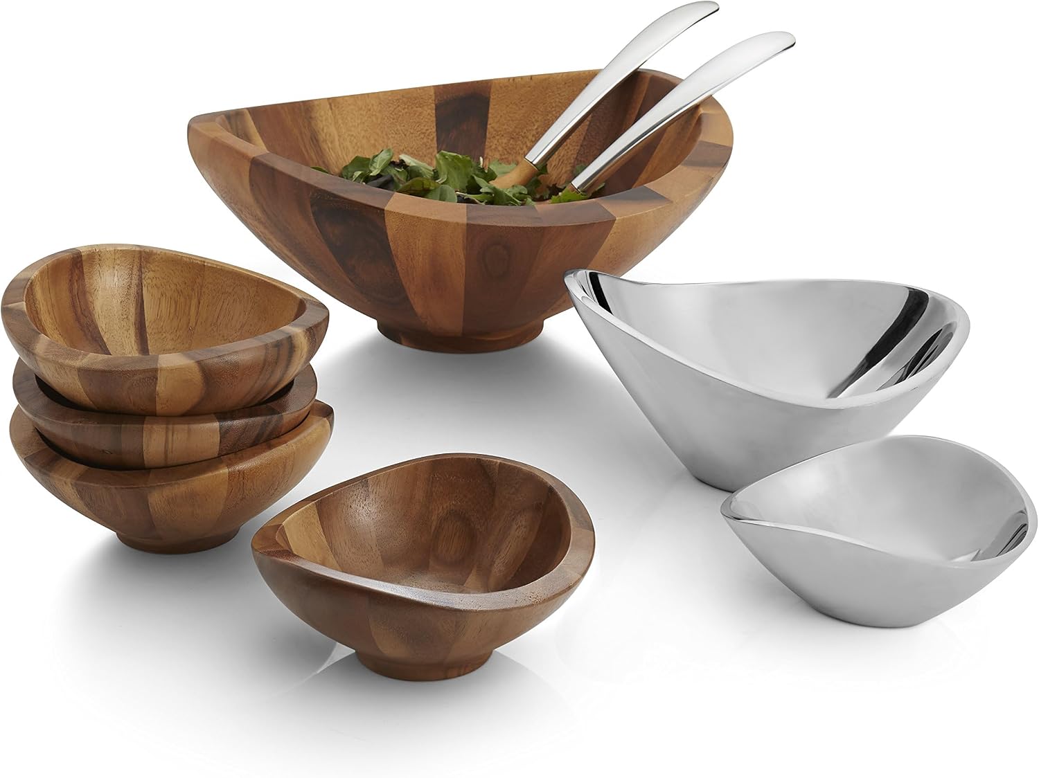 nambe Butterfly Acacia Wood Salad Bowl with 2 Salad Servers | Made of Acacia wood and Nambe Alloy | Large Deep Wooden Bowls | Acacia Wood Salad Bowl Set | Designed by Sean O'hara (16-in)