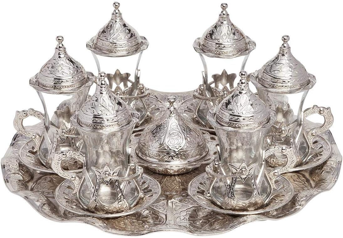 Alisveristime Handmade Turkish Tea Water Zamzam Serving Set Glasses Saucer, Tray and Spoon (Silver)