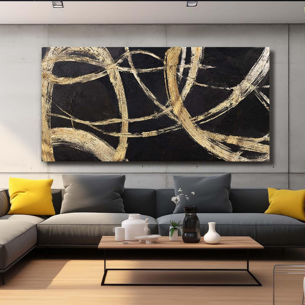 VAYIMDH Black And Gold Pictures for Living Room Black Wall Decor Minimalist Wall Decorations Abstract Wall Paintings 29'x 58' for Office