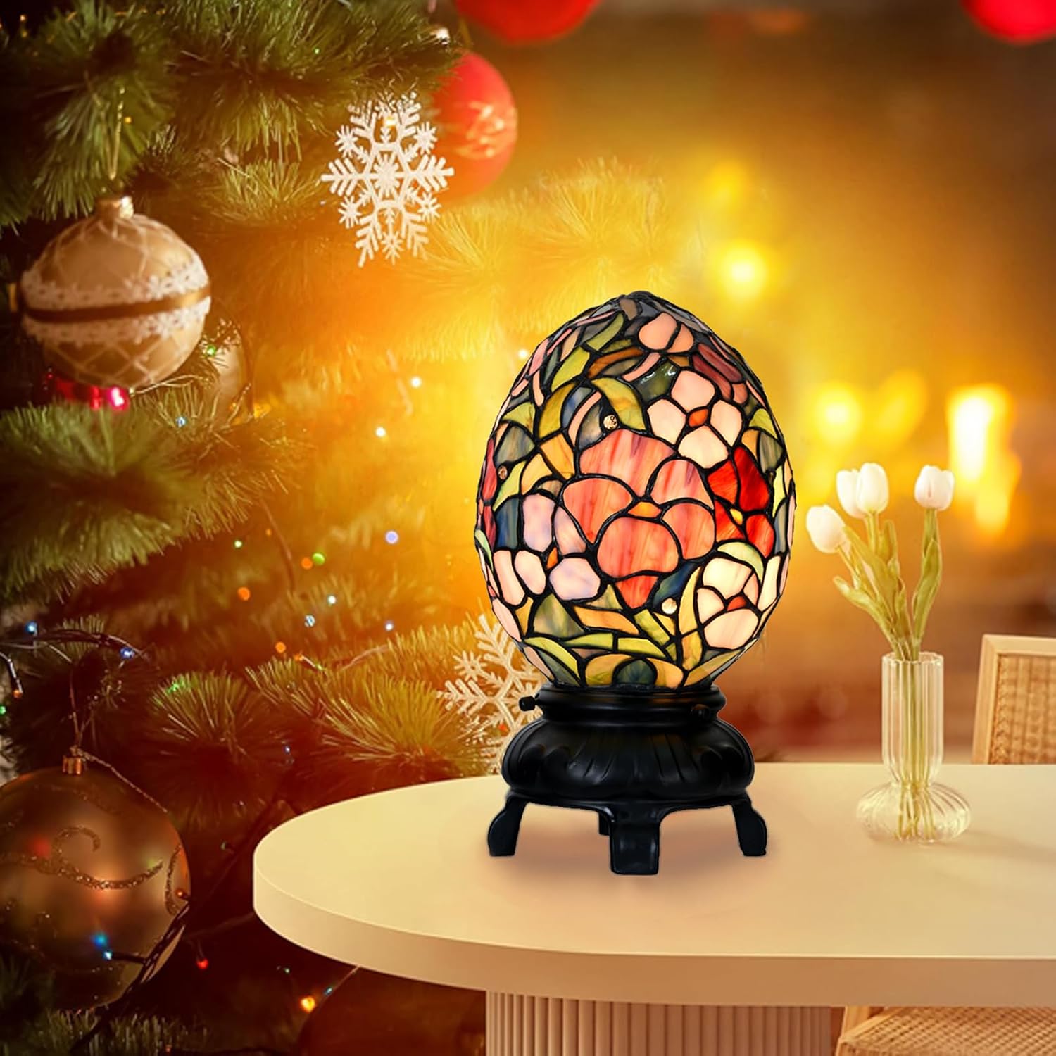 A0015 Tiffany Style Stained Glass Egg Table Lamp – Floral Pattern Decorative Night Light, 6.75' W x 12' OH for Bedroom Living Room Home Office, Vintage Accent Lamp,LED Bulb Included