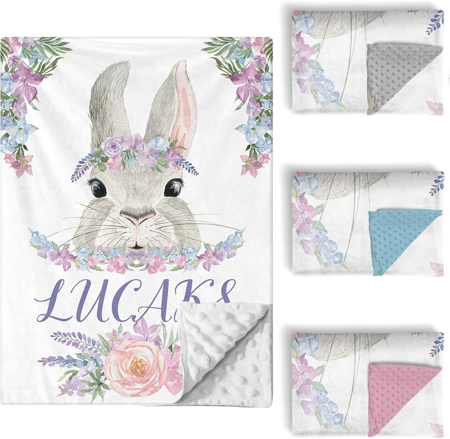 Custom Baby Crib Bedding Set, 5 PCS Personalized Name Baby Crib Sets for Girls Boys, Rabbit Theme Nursery Bedding Sets for Infant Toddler, Double Layer Flannel Bed Set Customized Gifts